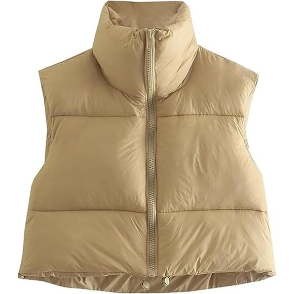 Jackets & Blazers - Women's Khaki Fashion High Neck Zipper Cropped Puffer Vest Jacket Coat Cardigan